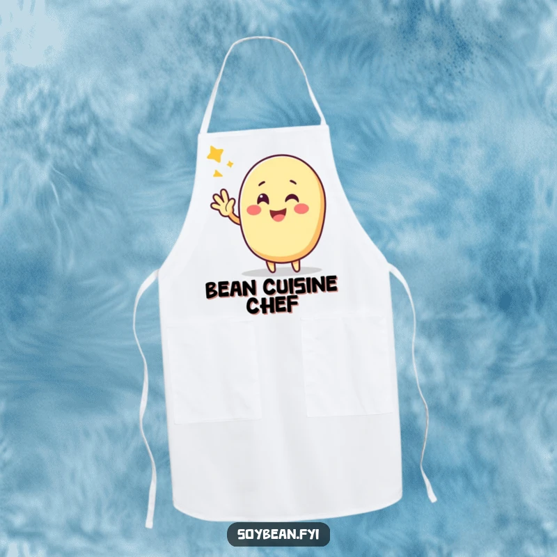Funny Kawaii soybean character triumphantly waving with a cheerful expression, perfect for an apron.