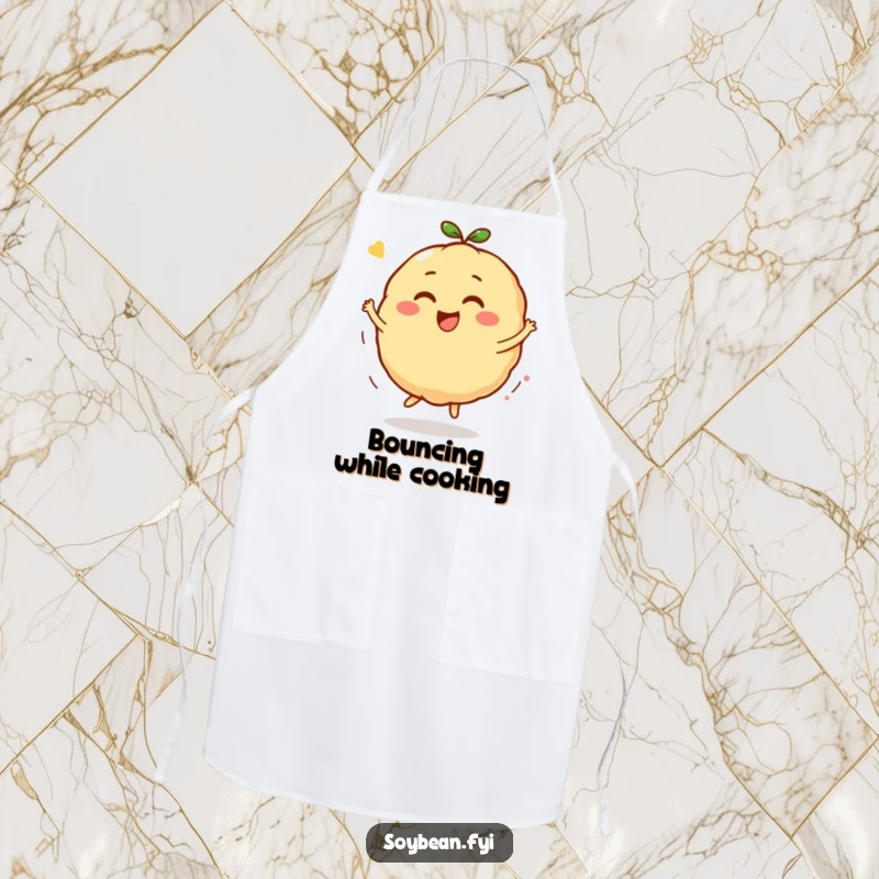 Funny Kawaii soybean character apron design, featuring the character in a joyful bounce and spin, ideal for a happy, active kitchen.