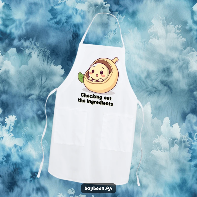 Funny curious soybean apron peeking out from a pod, kitchen accessory for chefs who enjoy discovery, an excellent funny gift.