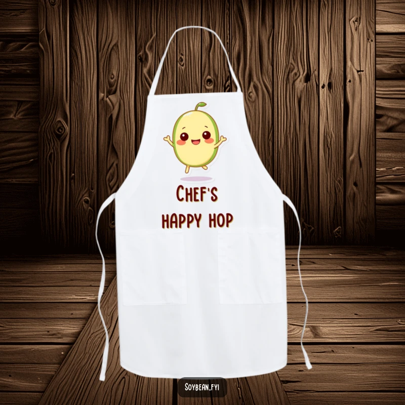 Funny Kawaii soybean character depicted in a joyous hop, perfect for a happy chef's apron.