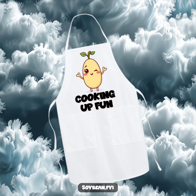 Funny soybean apron with a playful anthropomorphic soybean giving a mischievous wink and a wave, adding humor to kitchen activities.