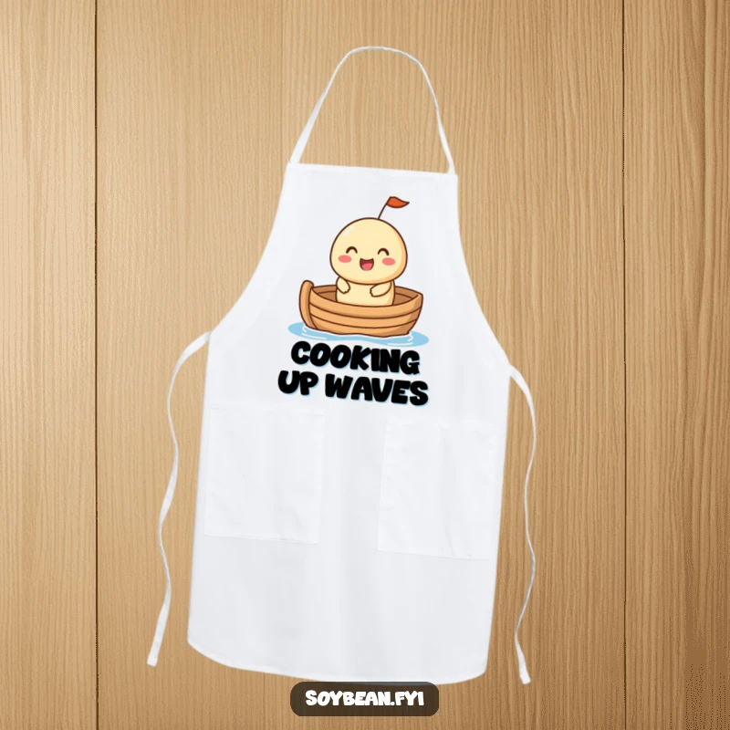 Funny Apron: A soybean with a cheerful expression sailing in a small boat, ideal for adding a humorous and adventurous touch to kitchen activities.