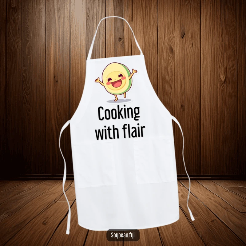 Funny apron showing a kawaii soybean doing a cartwheel with a grin, a humorous and practical kitchen accessory for a funny gift.