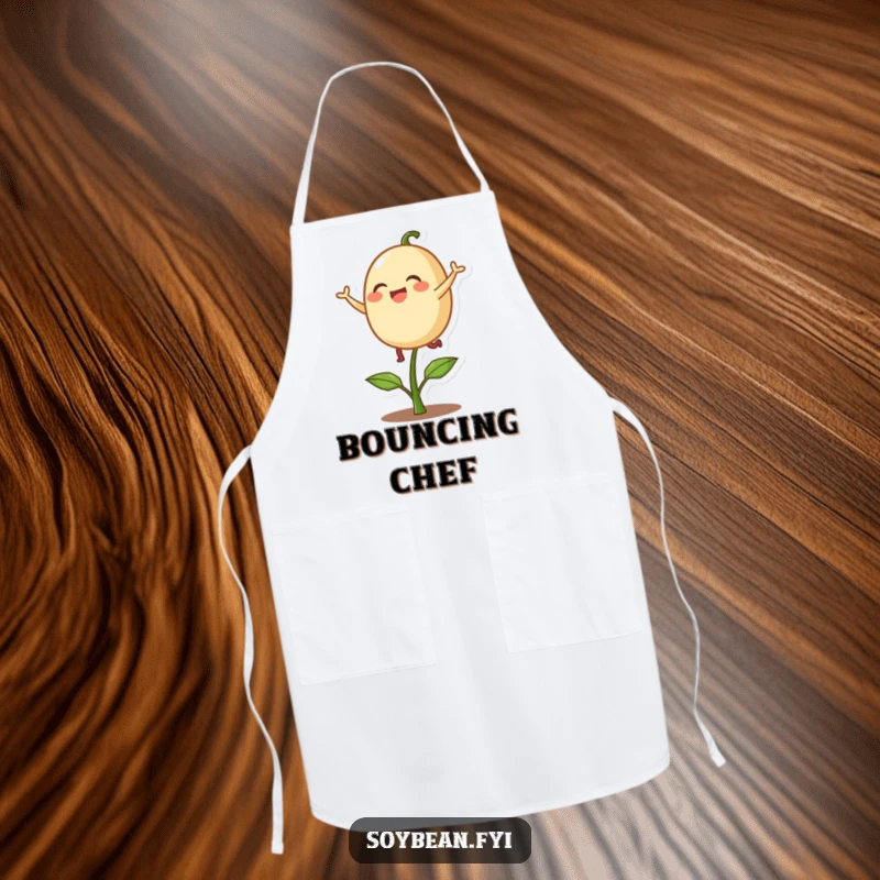 Funny apron showcasing a delighted soybean character playfully bouncing on a single sprout, perfect for cooks who enjoy a cheerful atmosphere.