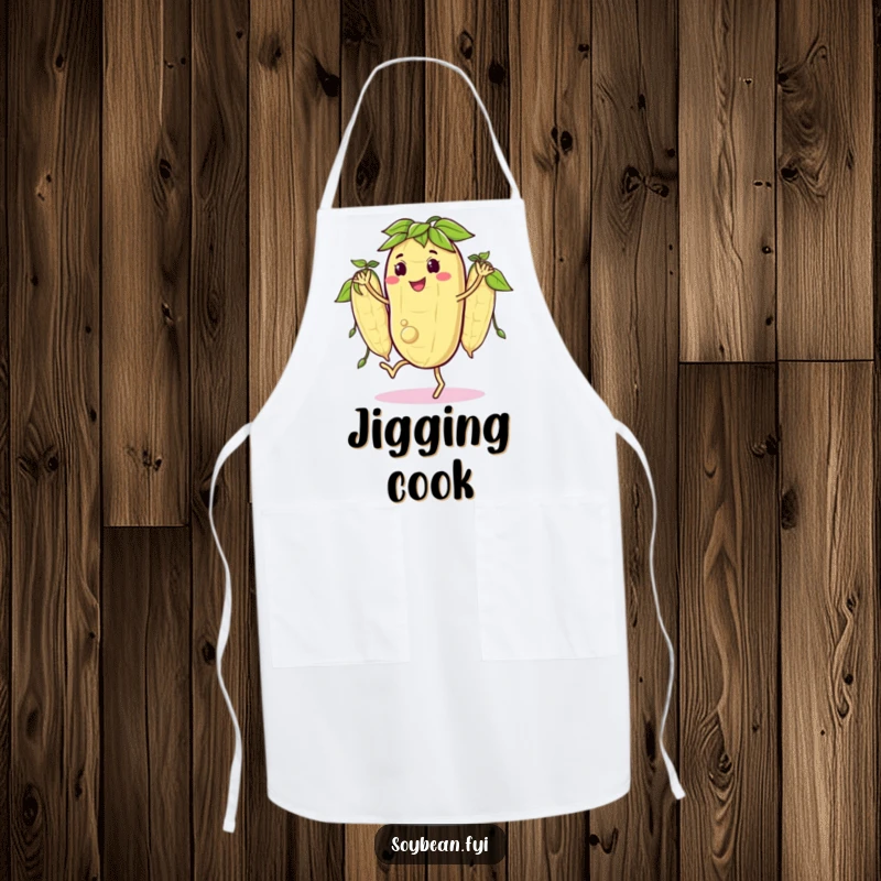 Funny apron showcasing a happy soybean character doing a little jig with its bean pods in sync, perfect for cooks who enjoy a musical atmosphere.