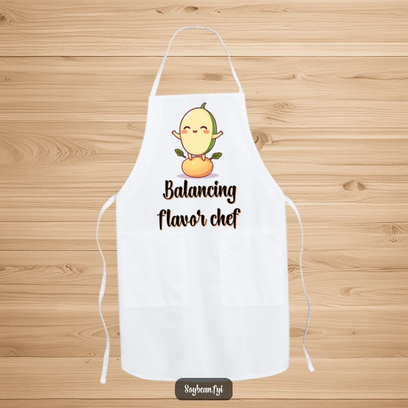 Funny apron designed with a playful soybean character balancing on a bean pod, perfect for kitchen fun.