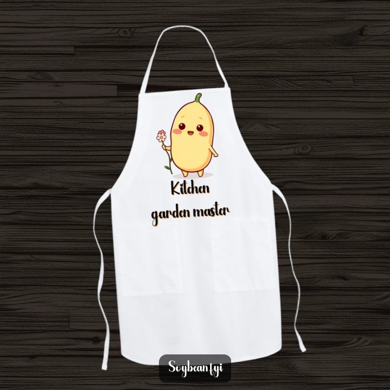 Funny Soybean Apron displaying a beaming soybean character offering a small flower, blending humor and kitchen practicality.