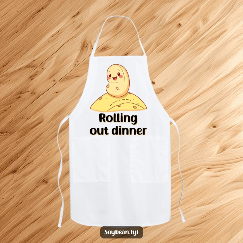 Funny cheerful soybean apron rolling down a hill, kitchen accessory for chefs who love fun, an excellent funny gift.