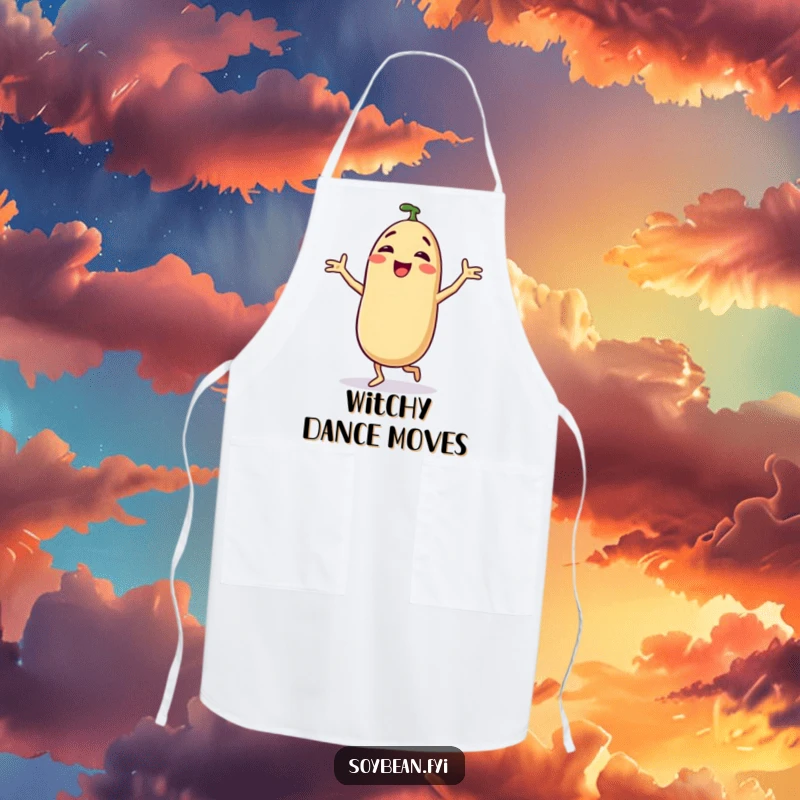 Funny apron featuring a delighted anthropomorphic soybean performing a silly dance, perfect for a fun-loving cook.
