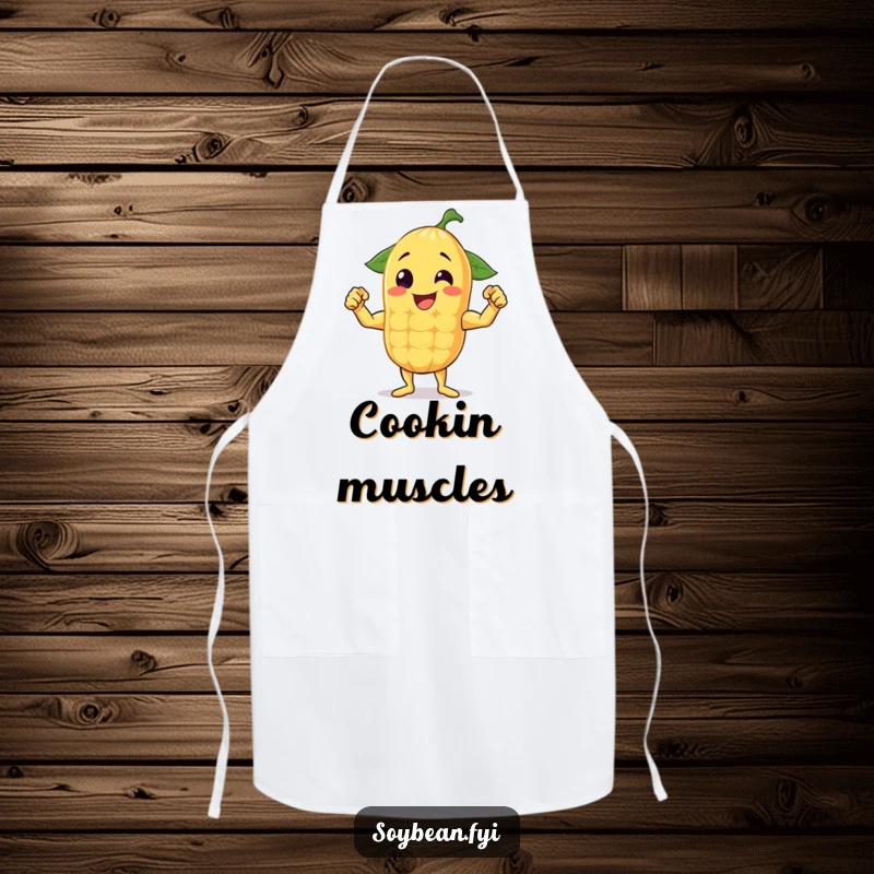 Funny apron featuring a cheerful anthropomorphic soybean flexing its muscles, perfect for a strong and humorous cook.