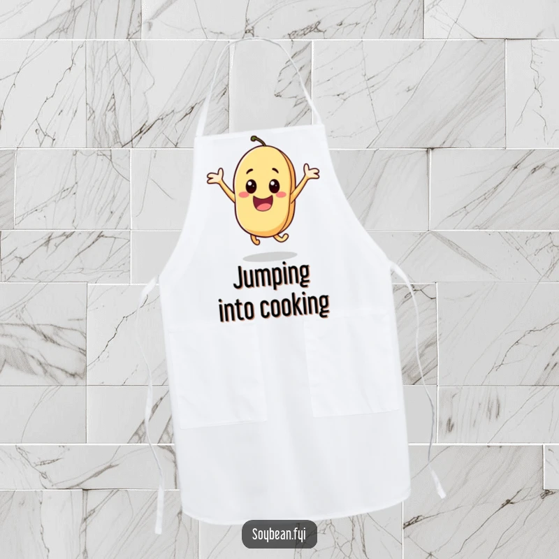 Funny apron showcasing an energetic soybean character jumping with excitement, perfect for cooks who bring enthusiasm to the kitchen.