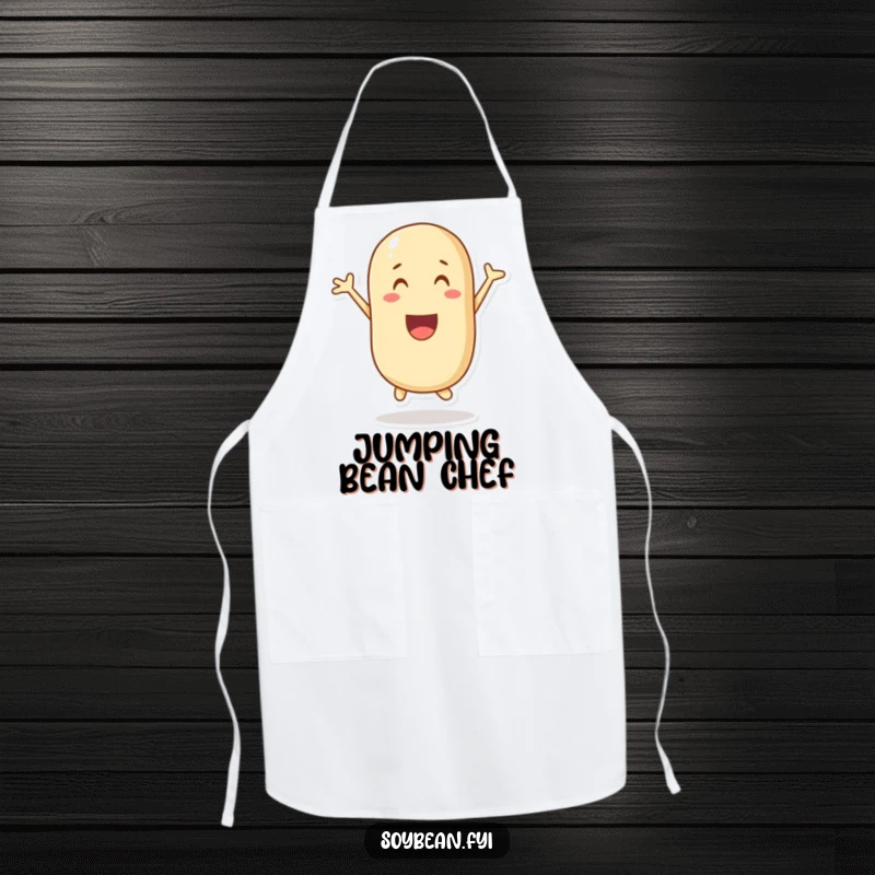 Funny apron showcasing an energetic soybean character joyfully jumping while cooking, adding humor to the kitchen.