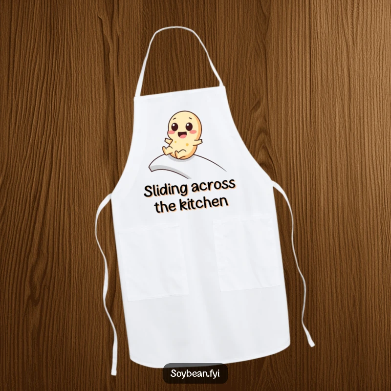 Funny kawaii soybean apron showcasing a cute character playfully sliding down a ramp, ready to add cute fun to cooking.