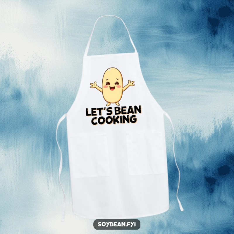 Funny Kawaii soybean character apron design, featuring the character greeting warmly with arms spread wide, ideal for a happy kitchen.