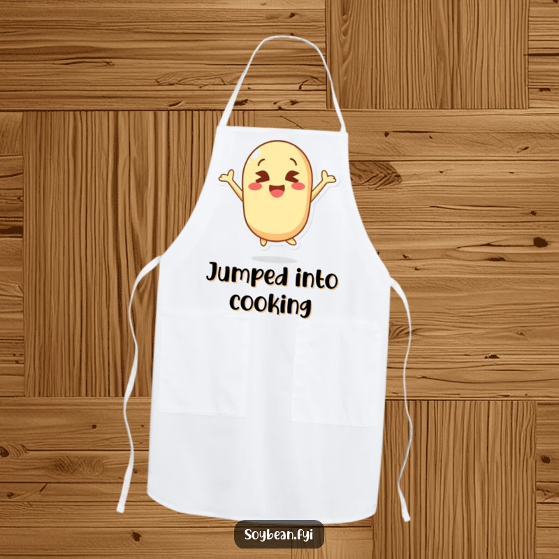 Funny apron with a kawaii soybean character jumping gleefully with crossed eyes, adding a humorous touch to cooking.