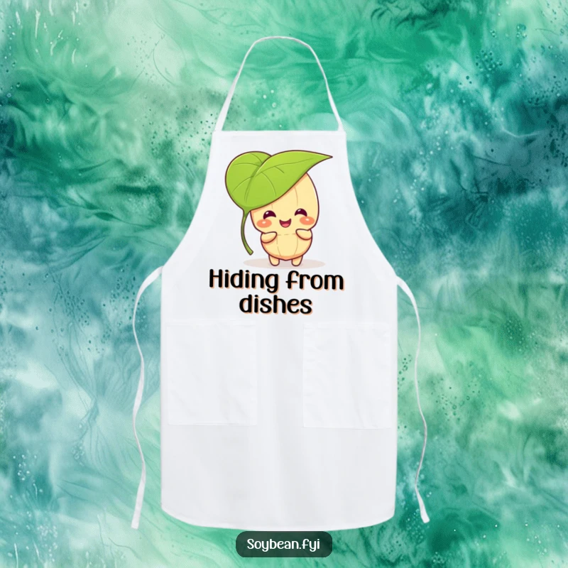 Funny kawaii soybean character giggling and playing peek-a-boo behind a large leaf, wearing a funny kitchen apron.