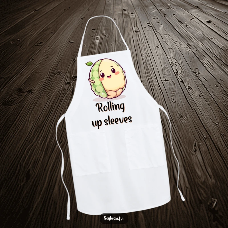 Funny Kawaii soybean character apron design, featuring the character rolling joyfully like a tiny ball, ideal for a happy, playful kitchen.