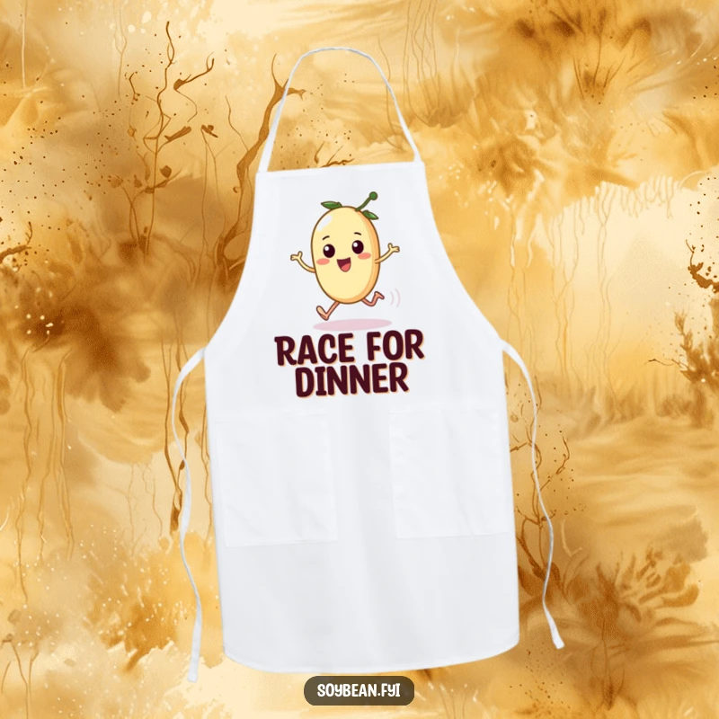 Funny apron showing a kawaii soybean with tiny legs comically sprinting, a humorous and practical kitchen accessory for a funny gift.