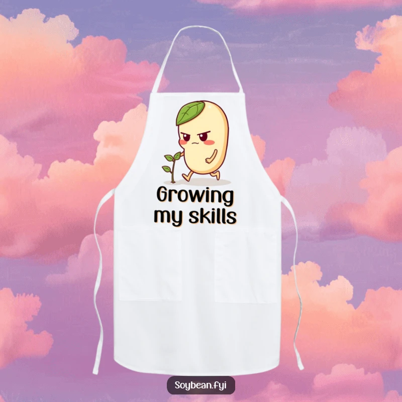 Funny apron design with a focused soybean character pushing a small sprout, perfect for cooks and gardeners who love a humorous touch.