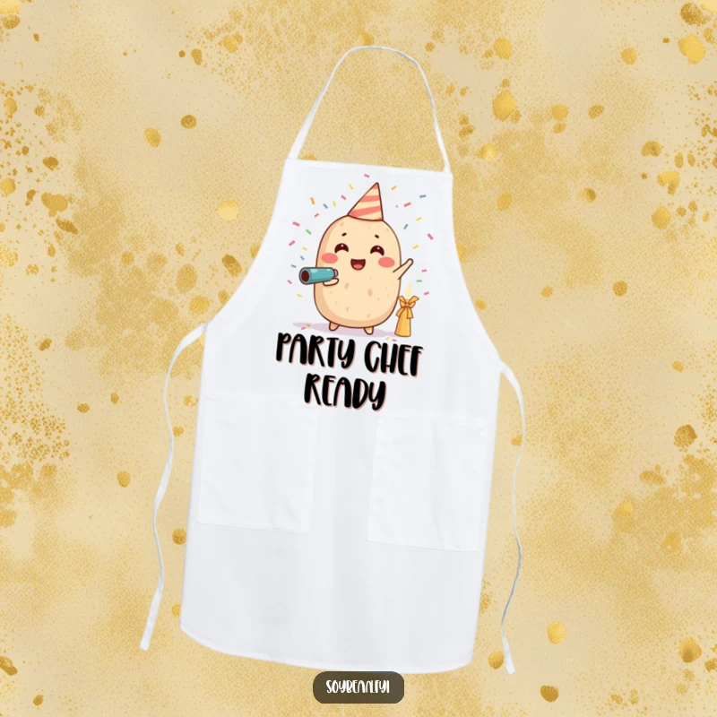 Funny apron with a soybean character joyfully shooting a confetti cannon, adding a festive and humorous element to cooking or hosting.