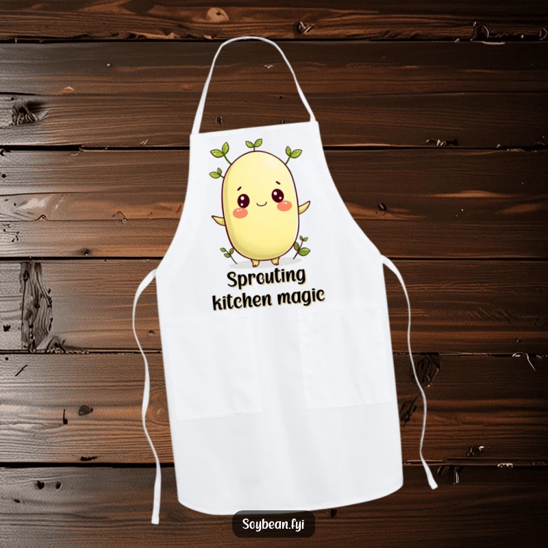 Funny apron with a cheerful soybean character sprouting tiny leaves, bringing nature and humor to the kitchen.