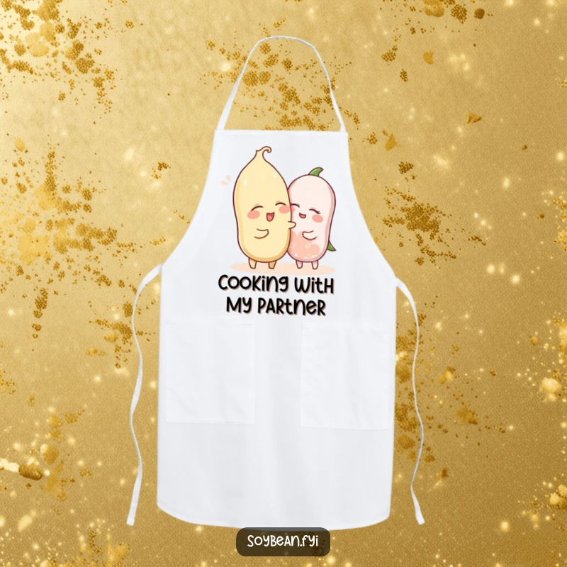 Funny apron design of a winking soybean character playfully nudging another, perfect for friendly kitchen gatherings.