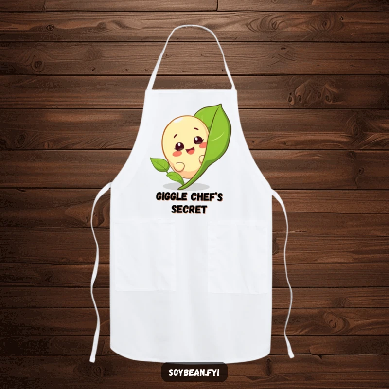 Funny apron designed with a giggling soybean character peeking from behind a leaf, perfect for kitchen fun.