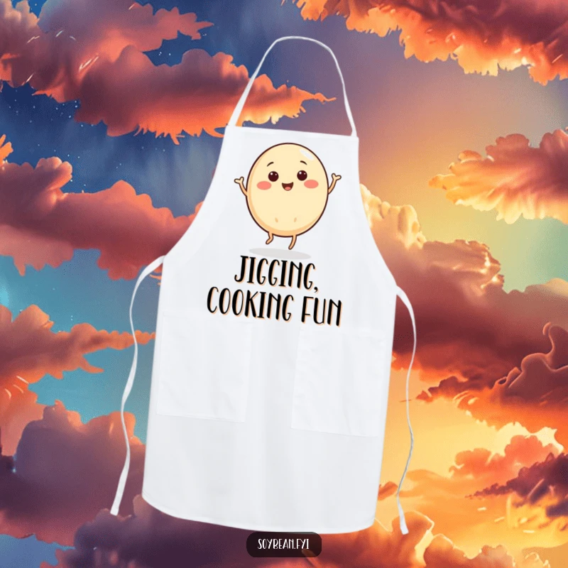 Funny apron with a soybean character doing a lively jig, adding a humorous beat to kitchen tasks.