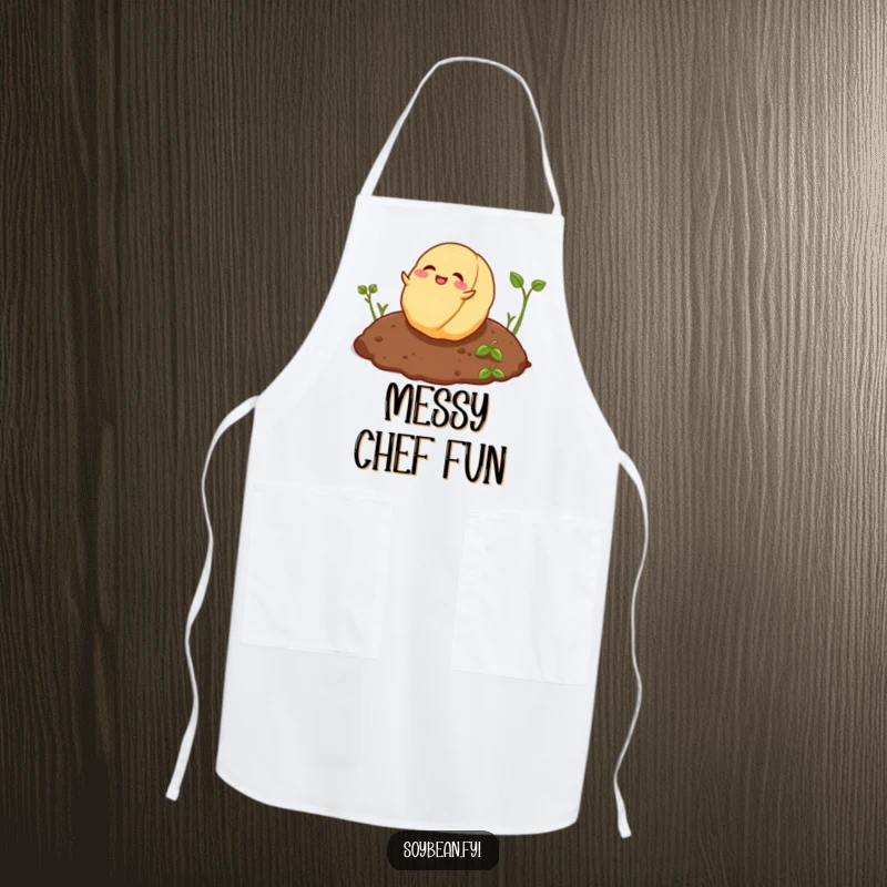 Funny playful soybean rolling joyfully on soil on a kitchen apron.