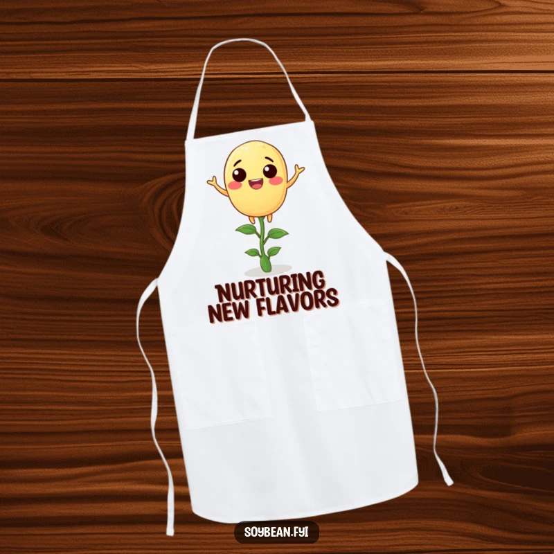 Funny soybean apron with a joyful anthropomorphic soybean balancing on a tiny sprout, adding humor to kitchen activities.