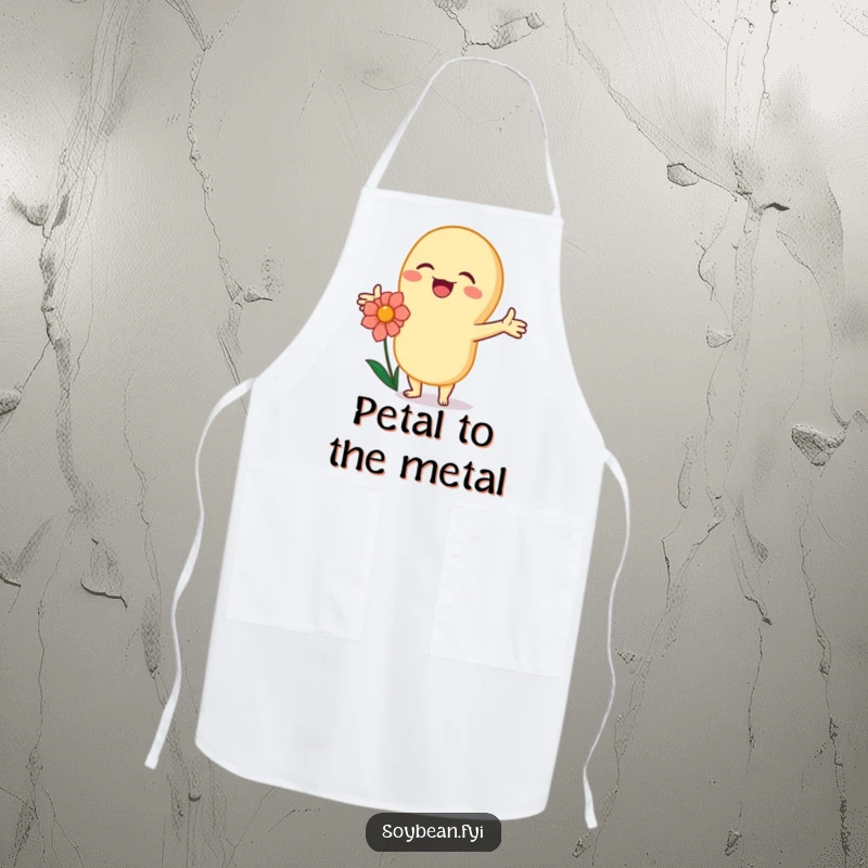 Funny kawaii soybean character joyfully embracing a flower with outstretched arms, wearing a funny kitchen apron.