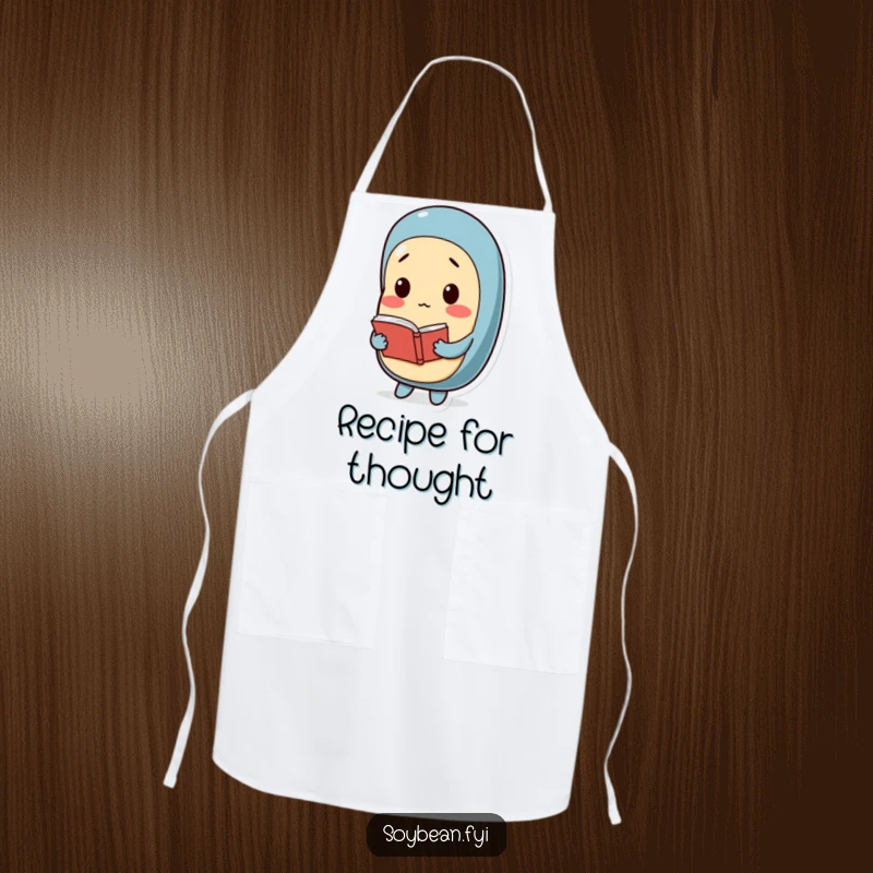 Funny apron with a thoughtful soybean character holding a small book, ideal for cooks and librarians who appreciate intellectual humor.