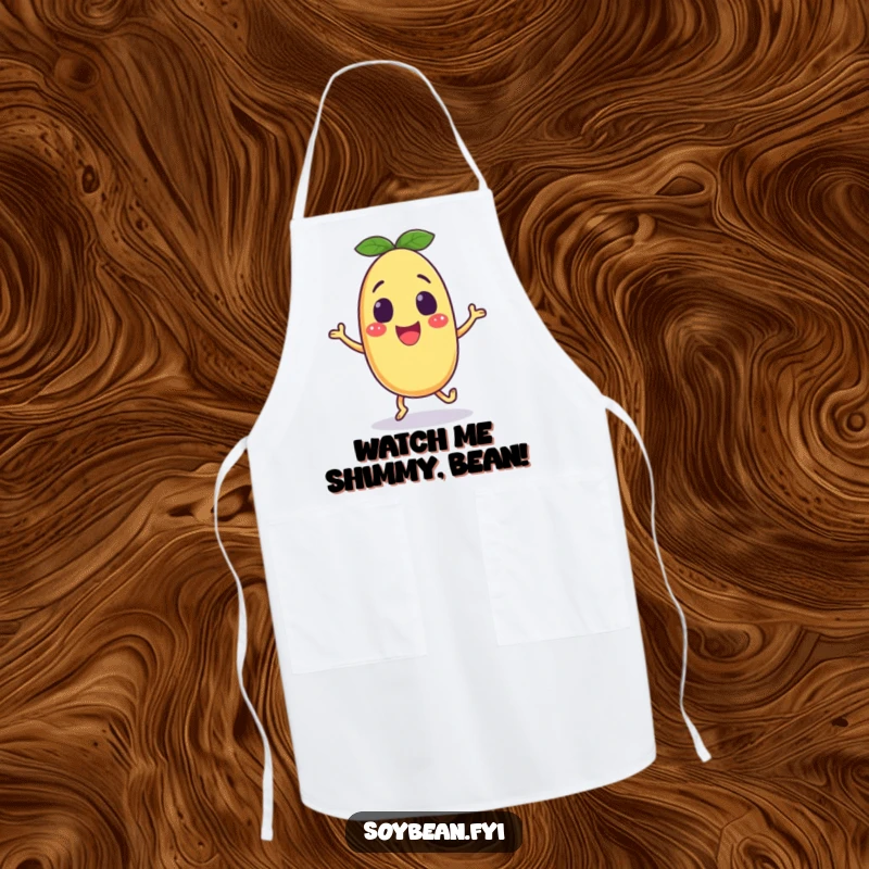Funny soybean apron with an excited anthropomorphic character doing a happy shuffle, perfect for humorous kitchen dancing.