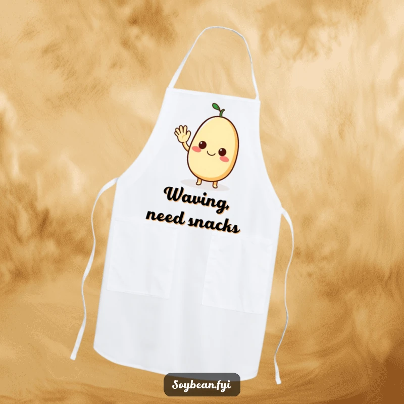 Funny apron with a smiling soybean character giving a friendly wave, adding cheer to cooking and baking.