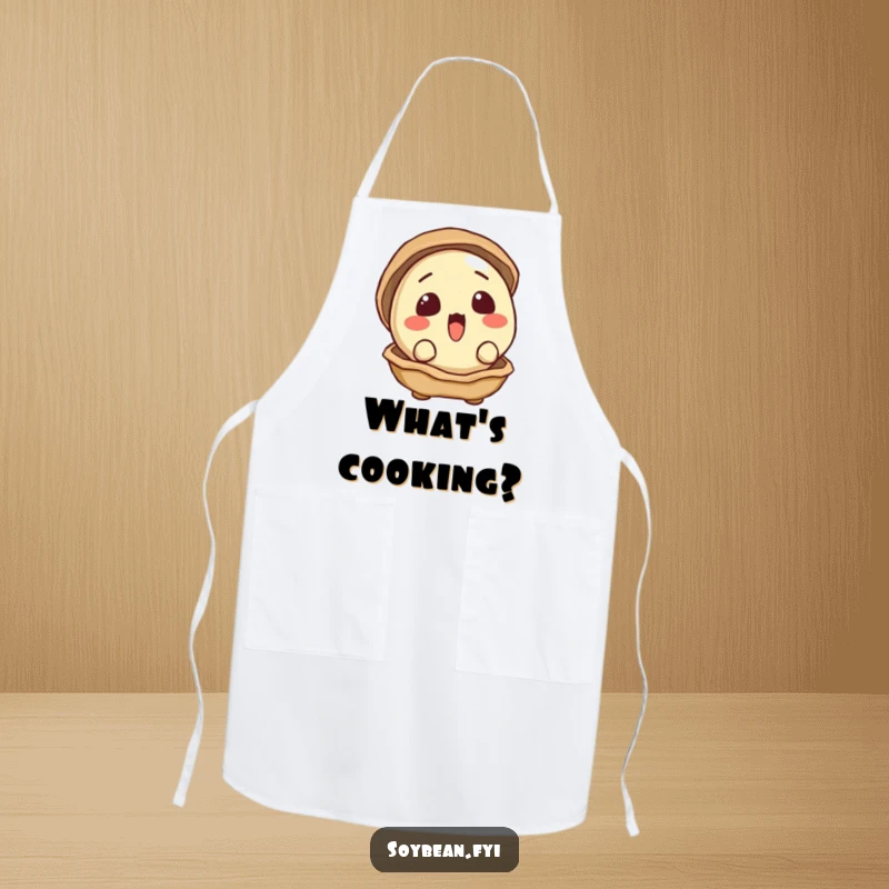 Funny apron showing a surprised soybean peeking curiously from its shell, perfect for kitchen exploration.