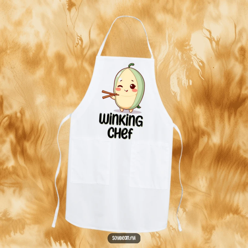 Funny apron with a kawaii soybean character giving a playful wink while holding a chopstick, perfect for charming kitchen fun.