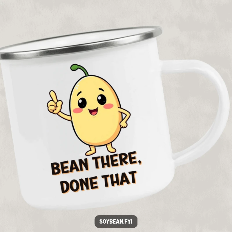 Funny soybean camping mug with a beaming anthropomorphic character nodding confidently, ideal for humorous outdoor use.