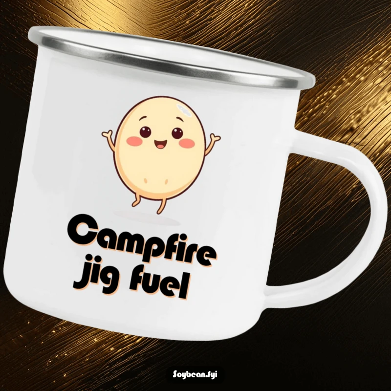 Funny camping mug featuring a round soybean character doing a lively jig, perfect for adding fun to camp.