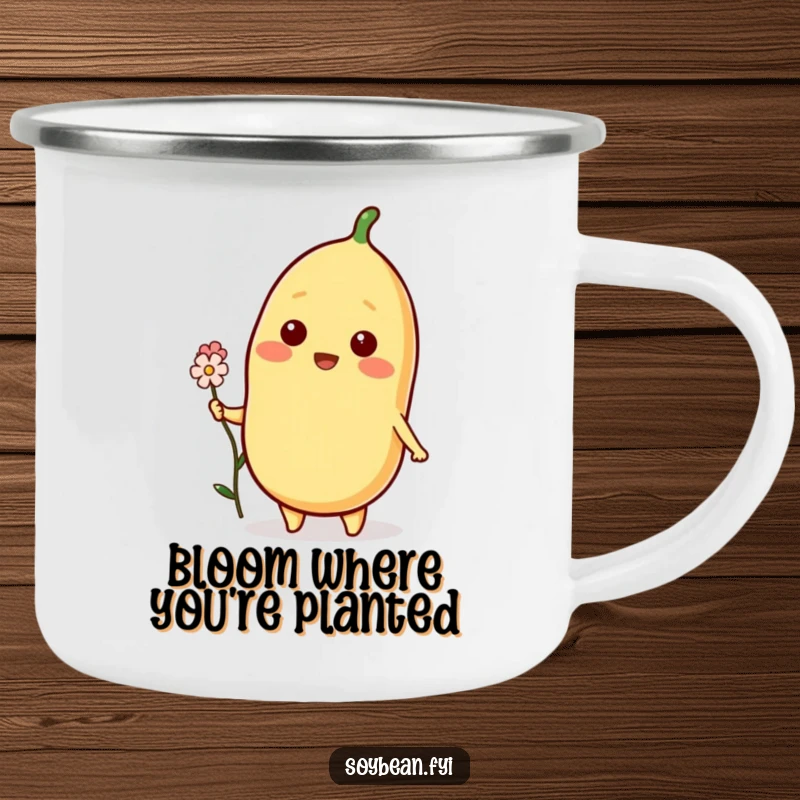Funny Soybean Camping Mug featuring a beaming soybean character offering a tiny flower, designed for durability and outdoor cheer.