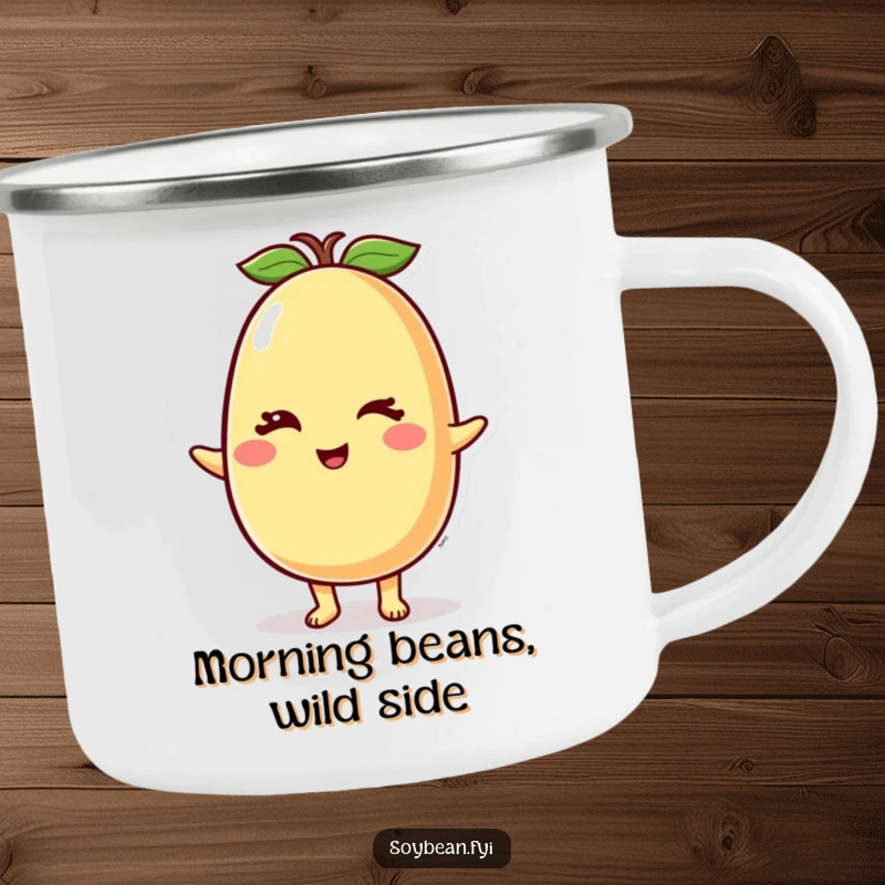 Funny Soybean Camping Mug featuring a happy soybean character with a friendly wink, designed for durability and adding humor to outdoor drinks.