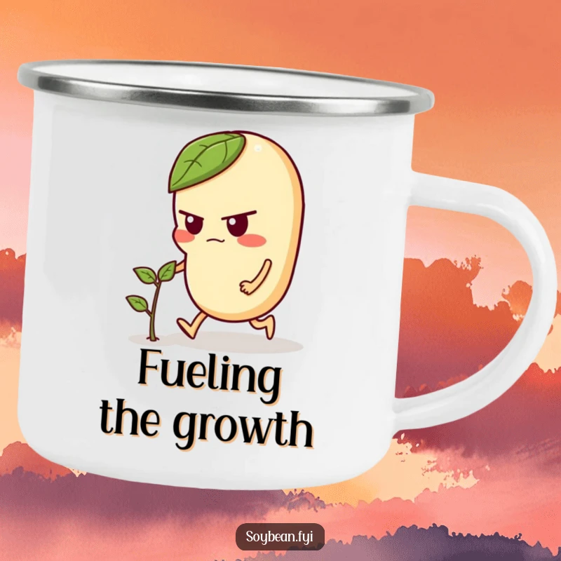 Funny camping mug with a determined soybean character pushing a sprout, perfect for outdoor enthusiasts who enjoy humor with their coffee.