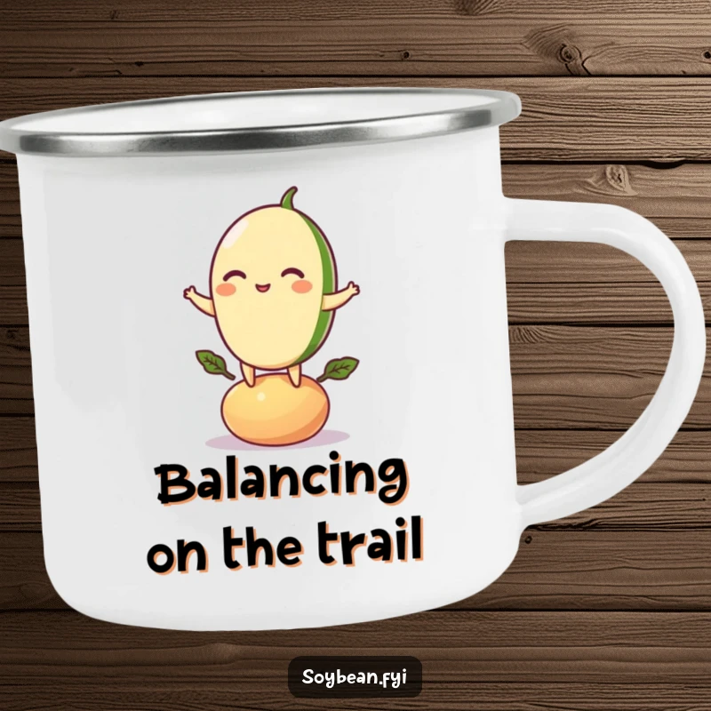 Funny camping mug with a playful soybean character balancing on a bean pod, ideal for outdoor adventures and cheerful drinks.