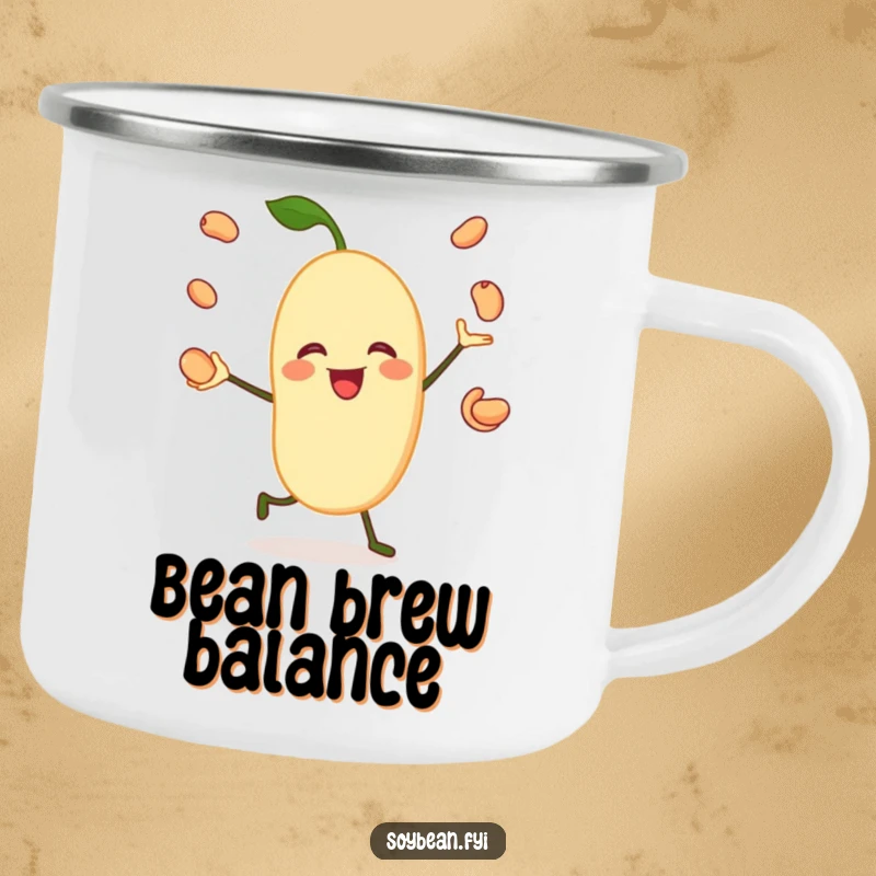 Funny camping mug featuring a jovial soybean character happily juggling its own beans, designed for outdoor enjoyment with a humorous touch.