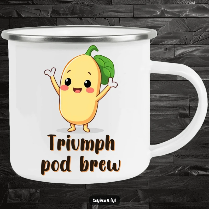 Funny camping mug designed with a smiling soybean character in a triumphant pose with its three bean pods, for enjoying drinks outdoors humorously.