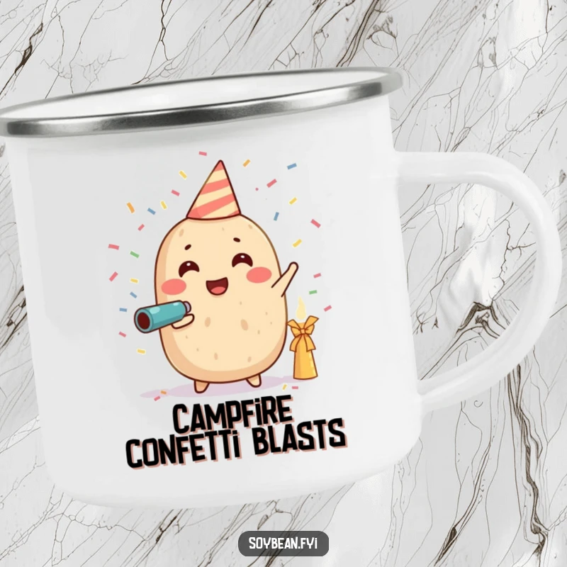 Funny camping mug featuring a happy soybean character blasting a confetti cannon, perfect for outdoor celebrations and adding humor to camp trips.
