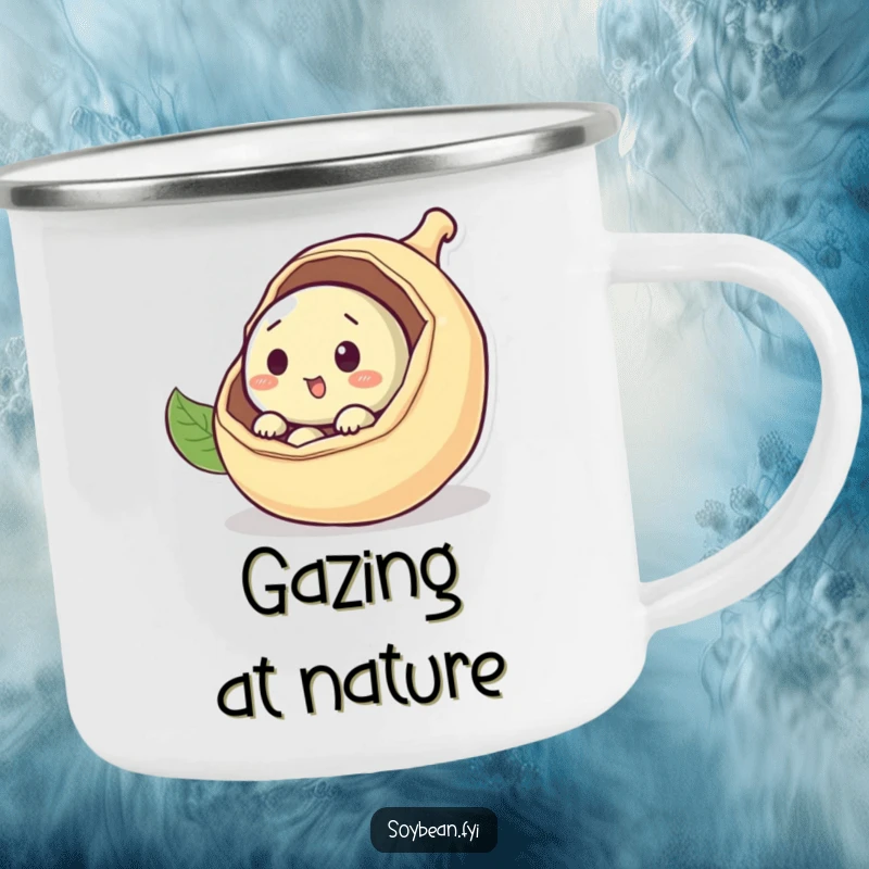 Funny curious soybean camping mug peeking out from a pod, durable and cheerful for outdoor curiosity, a fantastic funny gift.