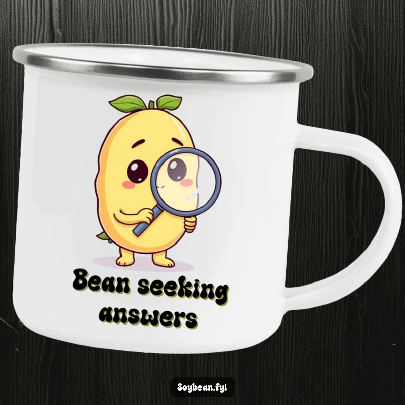 Funny soybean camping mug with a curious anthropomorphic character holding a magnifying glass, ideal for humorous outdoor use.
