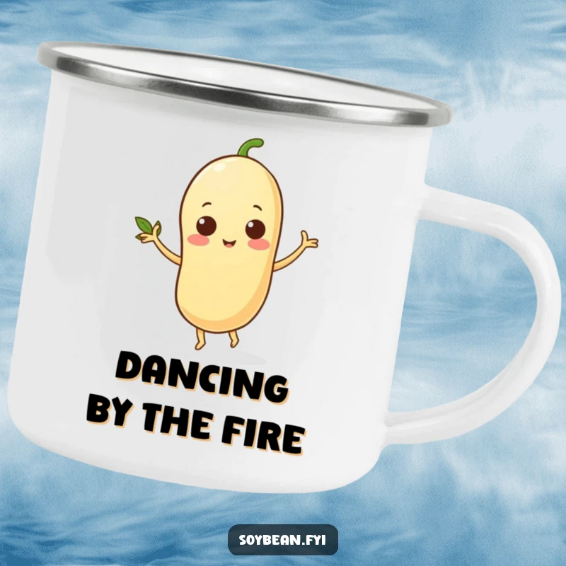 Funny camping mug showing a happy soybean character dancing with its leafy arms, perfect for outdoor enthusiasts who love to boogie.