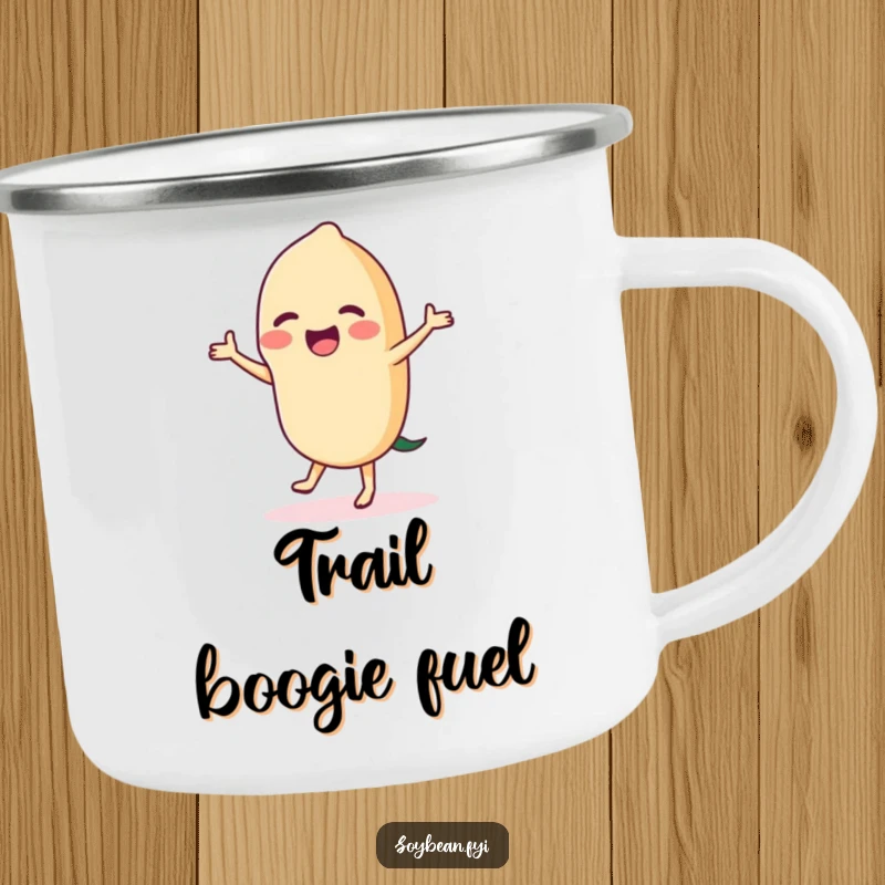 Funny dancing soybean camping mug graphic, depicting a happy bean dancing enthusiastically, ideal for outdoor sipping and cheerful moments.