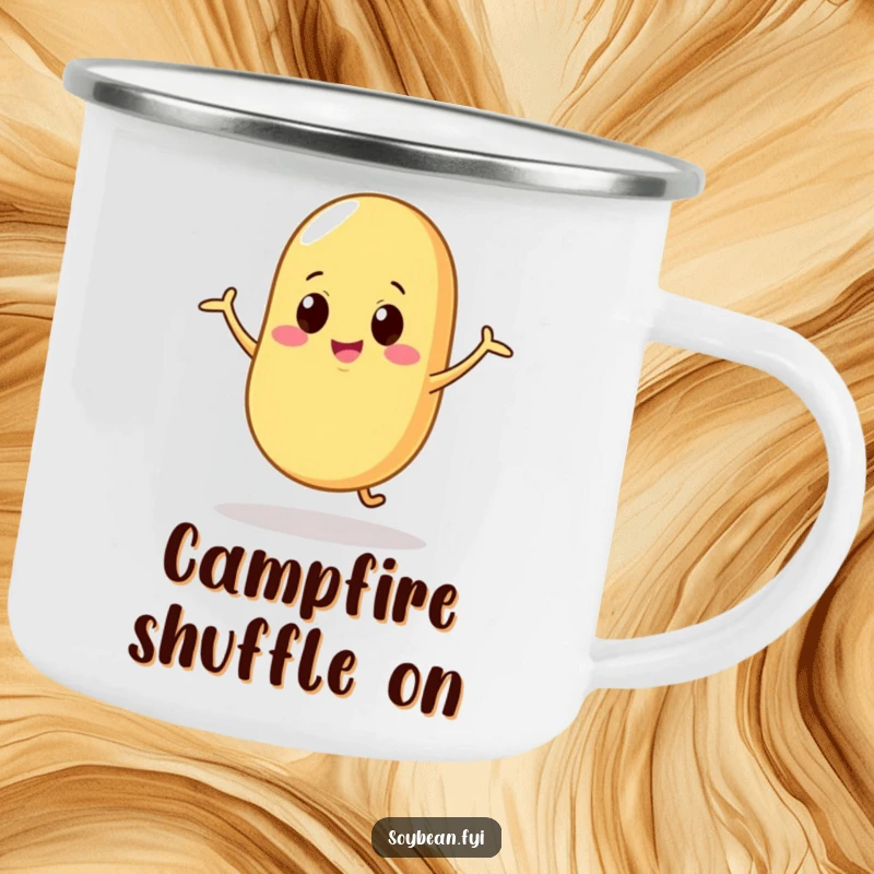 Funny Camping Mug: A soybean character dancing with silly, wobbly motions, designed for outdoor adventures with a humorous and playful twist.